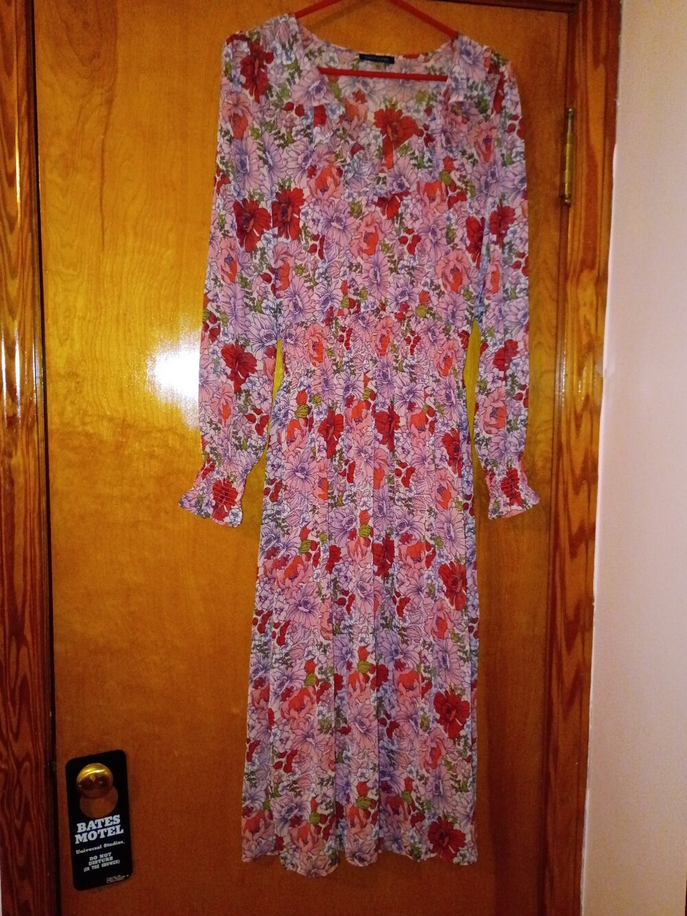 Tommy Hilfiger Pink Floral Long Sleeve Maxi Dress with Red Blooms